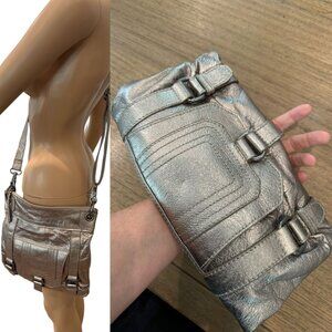 The Sak Metallic Pewter Genuine Leather Crossbody/ Clutch Bag w Removable Strap